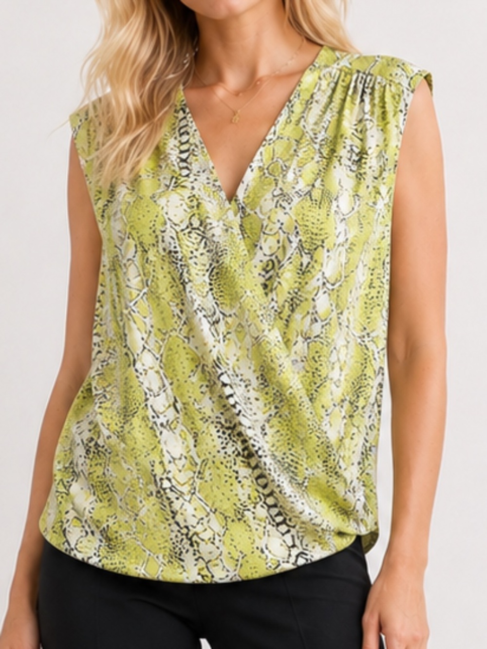 INC INTERNATIONAL CONCEPTS Lime Green Snakeskin Faux Wrap Sleeveless Top Size 10
